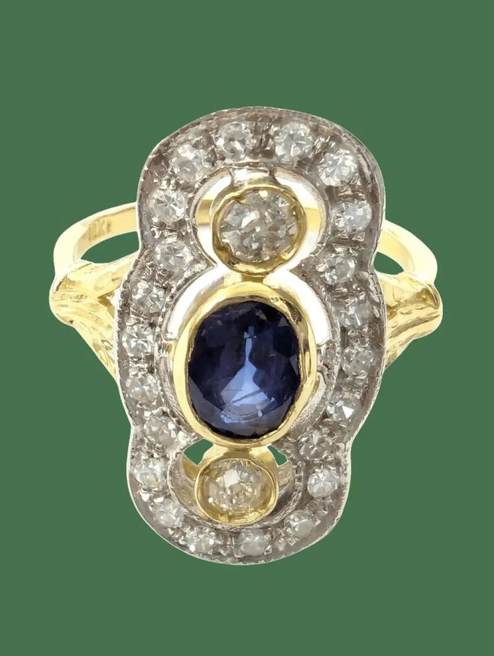 Anello in oro giallo e bianco con zaffiro e diamanti