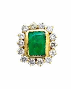 Anneau en or jaune avec émeraude et diamants