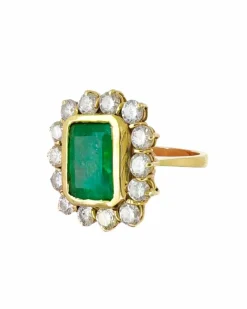Anneau en or jaune avec émeraude et diamants