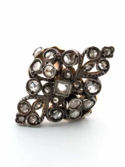 Anneau en or jaune et argent avec diamants de coupe rose couronne