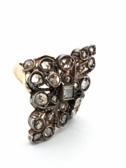 Anneau en or jaune et argent avec diamants de coupe rose couronne