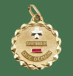 AUGIS - Pendentif médaille d'amour or rose rubis : "+ QU'HIER - QUE DEMAIN"