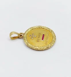 AUGIS - Pendentif médaille d'amour or jaune, diamant, rubis : + qu'hier - que demain couronne de laurier (circa 1950)
