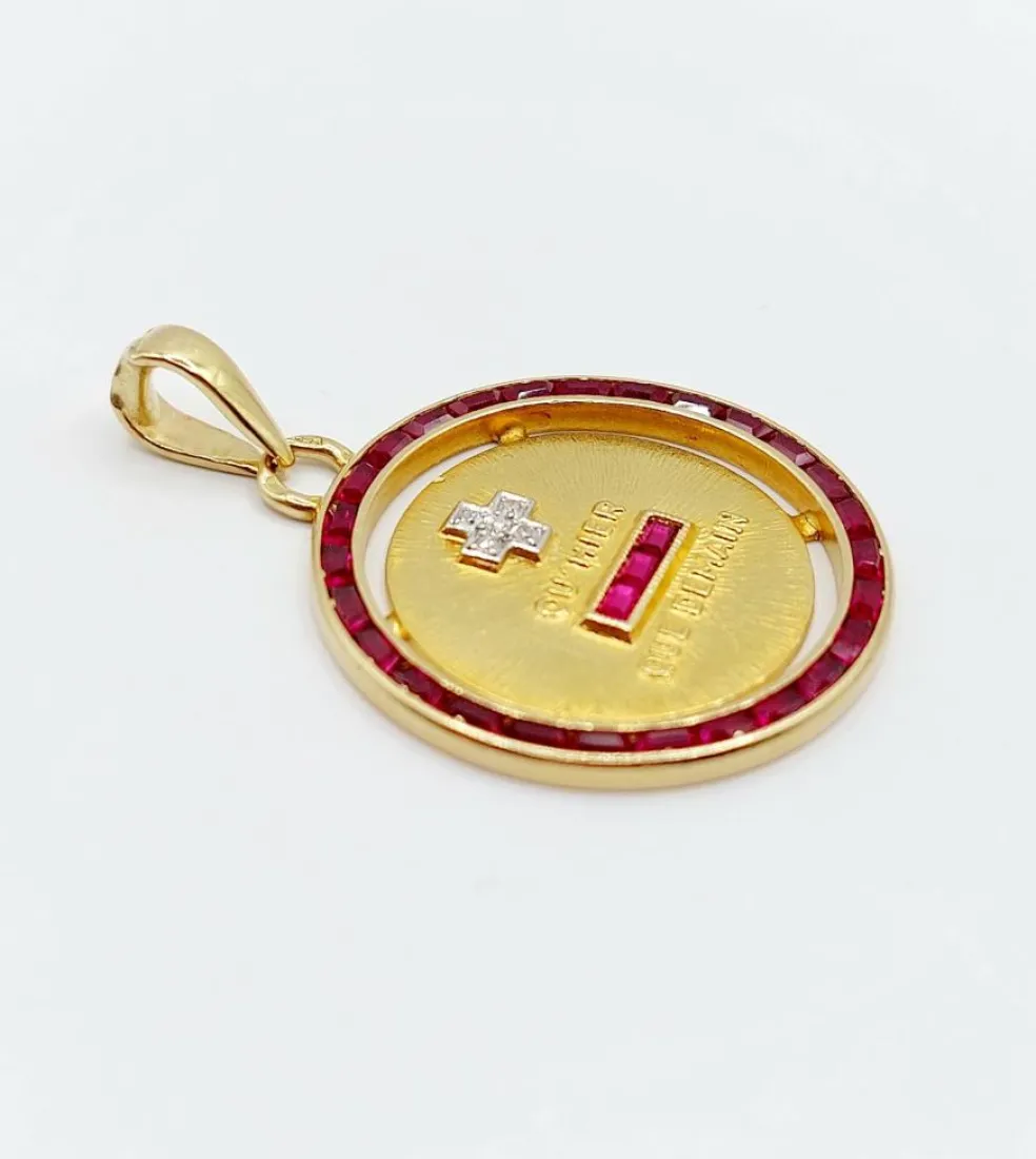 AUGIS - RARE Pendentif médaille d'amour Or Jaune Diamants et rubis calibrés