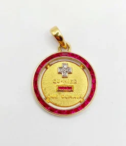 AUGIS - ULTRA RARE Pendentif médaille d'amour 20mm or, diamant et rubis calibrés : + qu'hier - que demain (circa 1960)