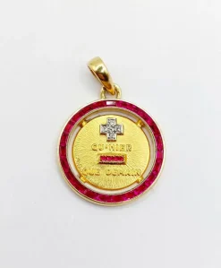 AUGIS - ULTRA RARE Pendentif médaille d'amour 20mm or, diamant et rubis calibrés : + qu'hier - que demain (circa 1960)