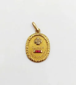 AUGIS Pendentif médaille d'amour or jaune couronne laurier diamant et rubis