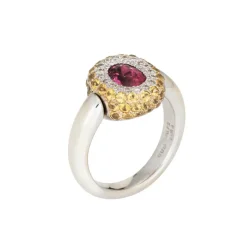 Bague à bascule en or blanc avec tourmaline rose et saphir jaune