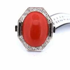 BAGUE - OR BLANC 18 KT - CABOCHON CORAIL