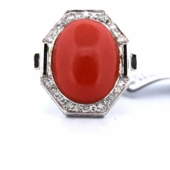 BAGUE - OR BLANC 18 KT - CABOCHON CORAIL