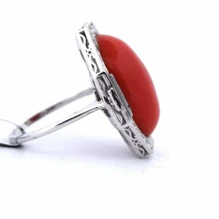 BAGUE - OR BLANC 18 KT - CABOCHON CORAIL