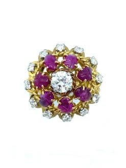 Bague 1960 or jaune diamants et rubis