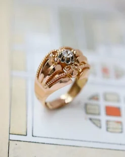 Bague 1950 Or Rose Diamant Torsade