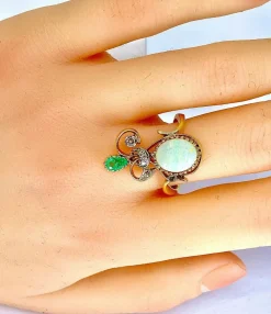 Bague 2 Ors Opale Emeraude Diamants