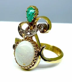 Bague 2 Ors Opale Emeraude Diamants