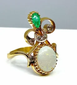 Bague 2 Ors Opale Emeraude Diamants