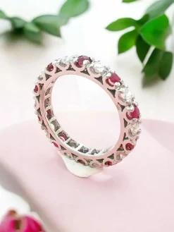 Bague alliance américaine or blanc diamants et rubis