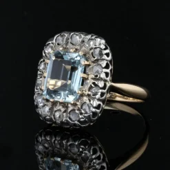 Bague ancienne aiguemarine diamants