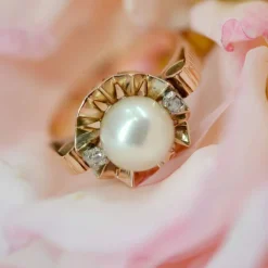 Bague ancienne couronne perle et diamants