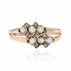 Bague ancienne double anneau perles fines diamants