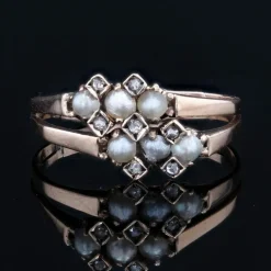 Bague ancienne double anneau perles fines diamants