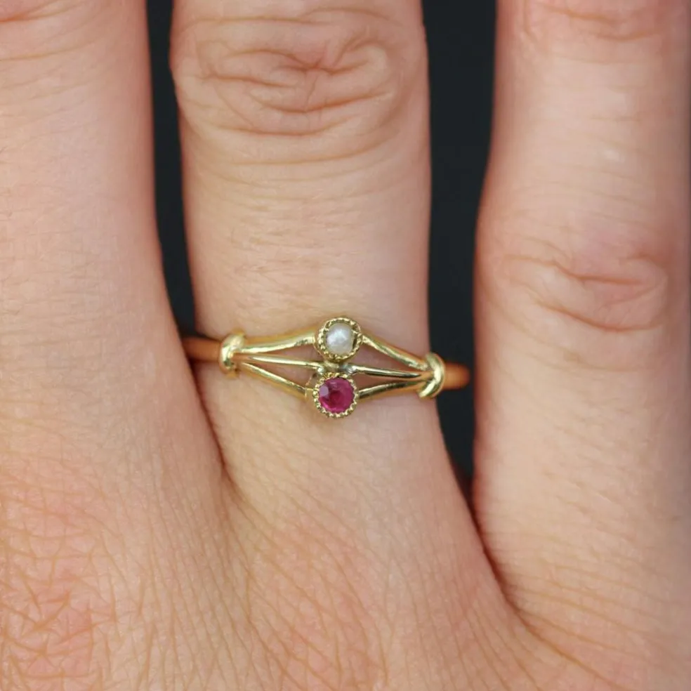 Bague ancienne duo perle fine grenat