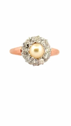 Bague ancienne en or rose 18 carats perle et diamants