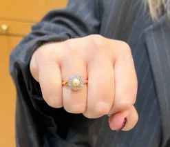 Bague ancienne en or rose 18 carats perle et diamants