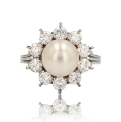 Bague ancienne flocon perle et diamants