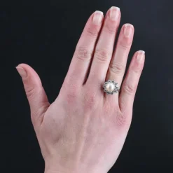 Bague ancienne flocon perle et diamants