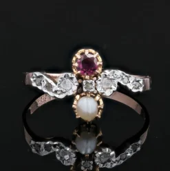 Bague ancienne grenat perle fine diamants