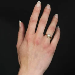 Bague ancienne marguerite perle fine et diamants