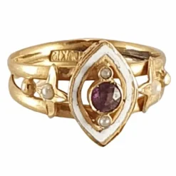 BAGUE ANCIENNE MARQUISE EMAIL AMETHYSTE PERLES