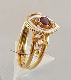 BAGUE ANCIENNE MARQUISE EMAIL AMETHYSTE PERLES