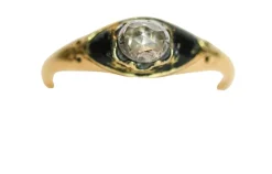 Bague ancienne Memento Mori en or 14 carats, diamant taille rose et émail noir