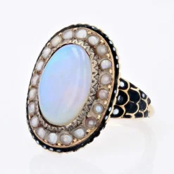 Bague ancienne opale perles fines émail