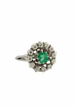 Bague ancienne or blanc diamants et émeraude
