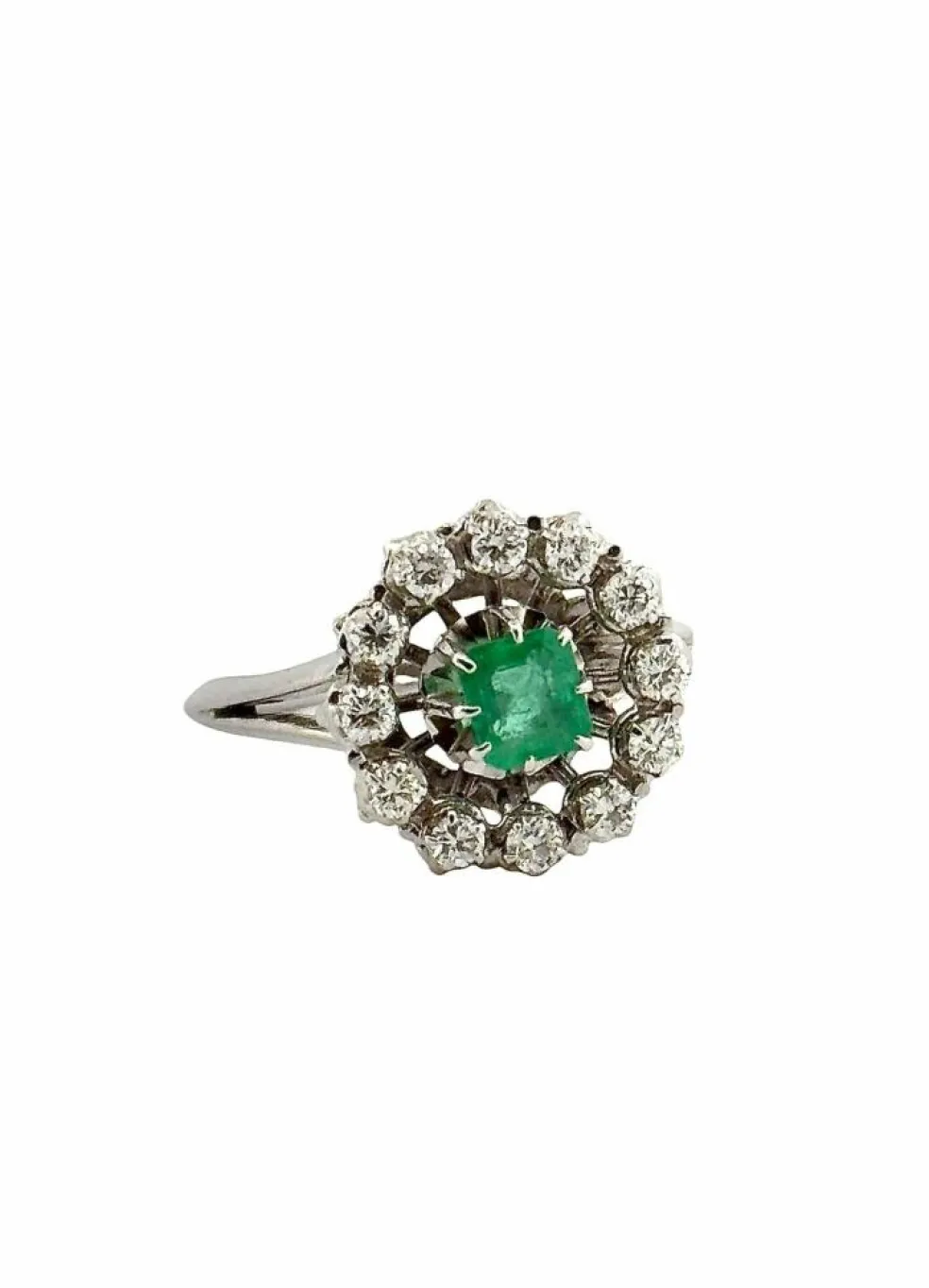 Bague ancienne or blanc diamants et émeraude