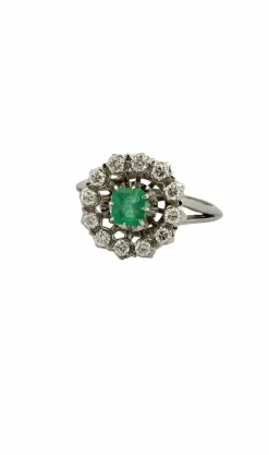 Bague ancienne or blanc diamants et émeraude