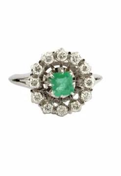 Bague ancienne or blanc diamants et émeraude