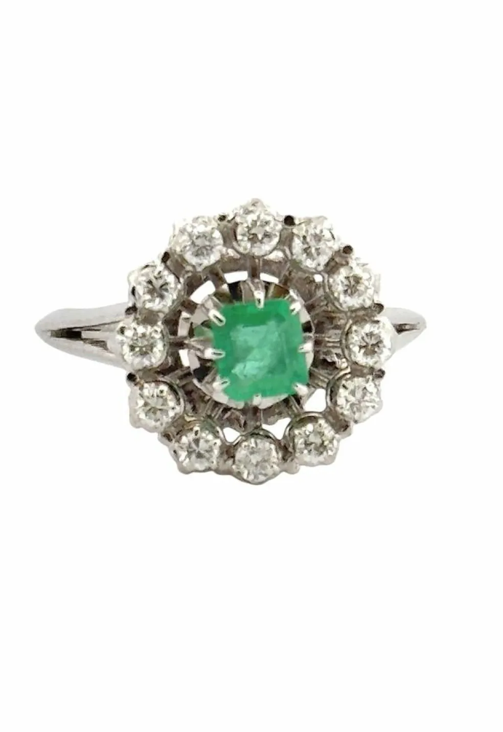 Bague ancienne or blanc diamants et émeraude