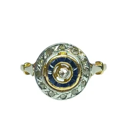 Bague ancienne or jaune et or gris, diamants et saphirs