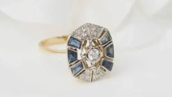 Bague ancienne or jaune, saphirs, diamants