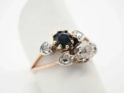 Bague ancienne or jaune, saphir et diamants
