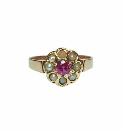 Bague ancienne, or rose, perles fines et saphir rose