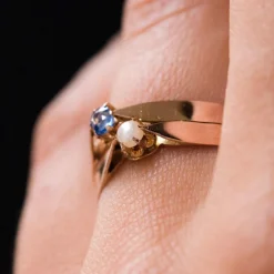 Bague ancienne or rose toi et moi perle fine saphir