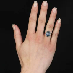 Bague ancienne ovale saphir naturel et diamants taillés en rose
