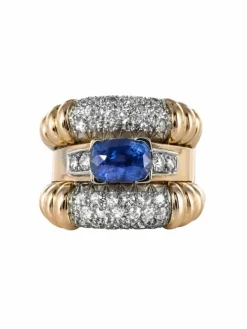Bague ancienne saphir diamants à godrons