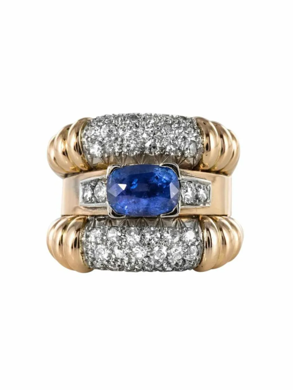 Bague ancienne saphir diamants à godrons