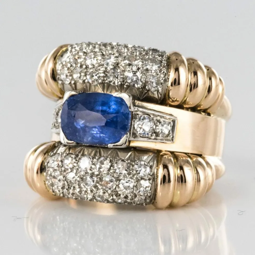 Bague ancienne saphir diamants à godrons